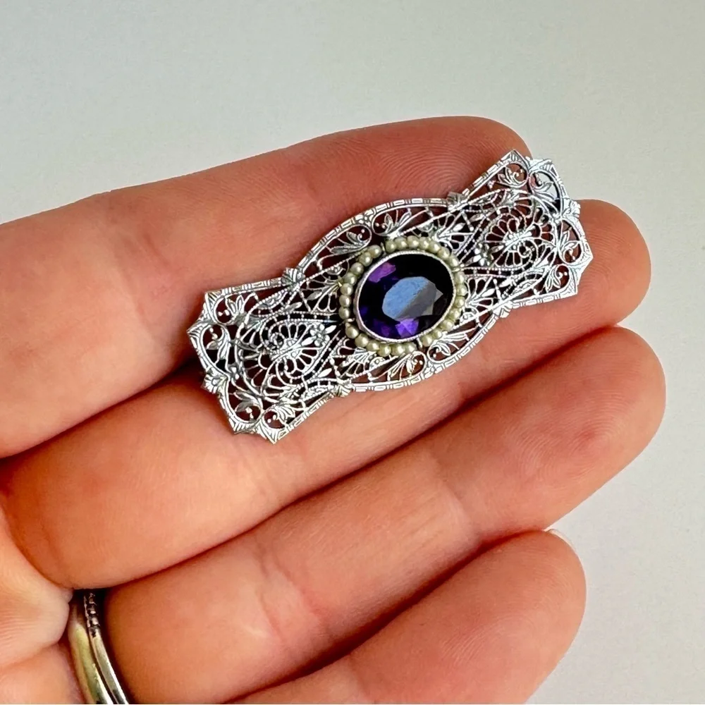 10K White Gold Filigree Brooch Amethyst Pearl Antique Ornate Pin Estate Piece‎